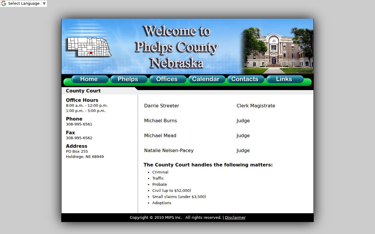 Phelps County Court jurisdiction and clerk information