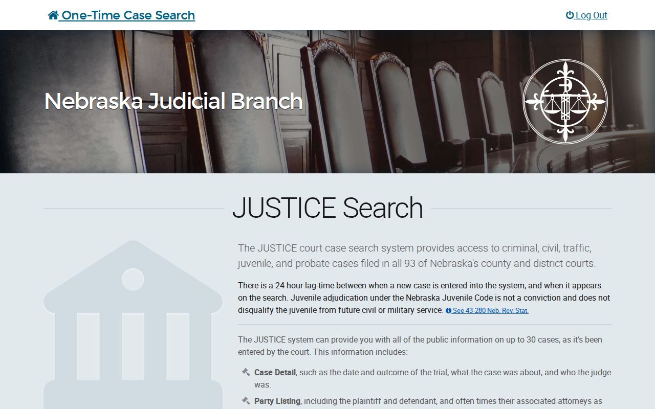 Nebraska JUSTICE party-name search page