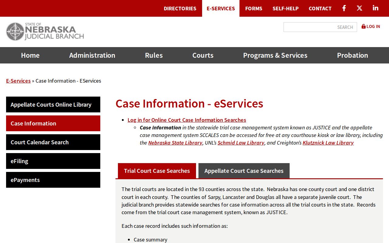 Nebraska Judicial Branch public case information scope