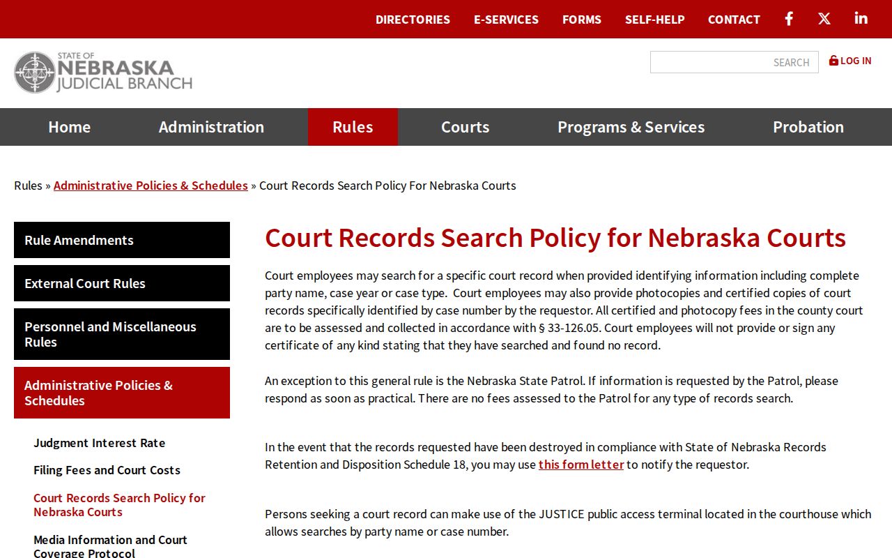 Nebraska court records search and copy policy information