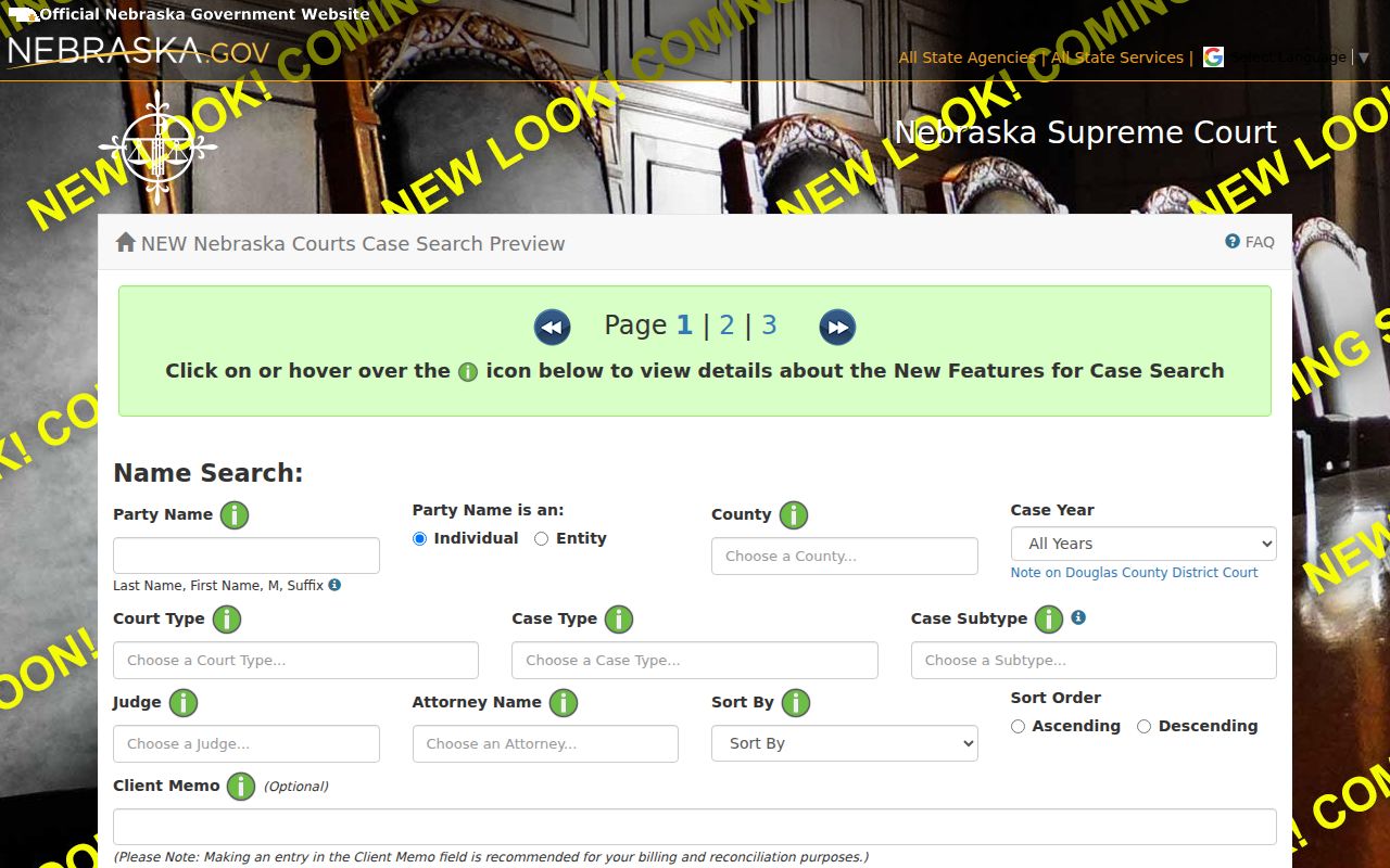 Nebraska JUSTICE public case search field layout