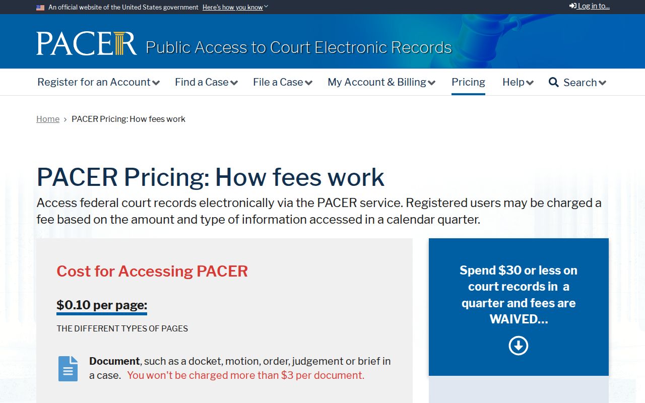 Federal PACER docket access pricing page